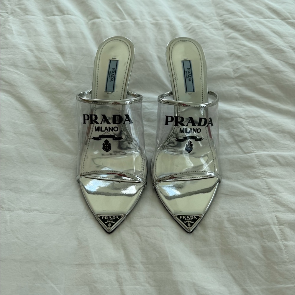 Prada Silver Mules with Transparent Upper